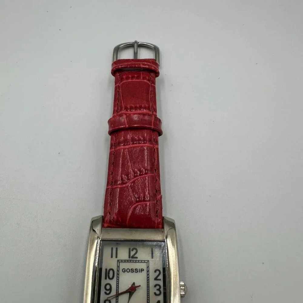 Gossip Tank Watch Women Silver Tone Red Second Hand Leather Band Works 9